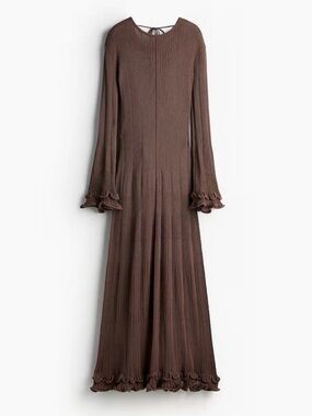 H&M Brown Ruffled-Hem Long-Sleeve Maxi Dress